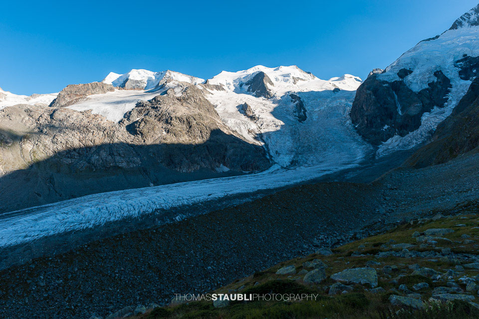 Die Berninagruppe mit dem Morteratschgletscher im Abendlicht
