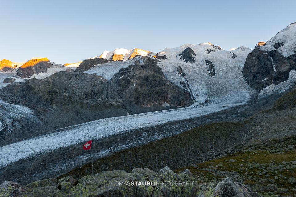 Blick von der Bovalhütte zur Berninagruppe