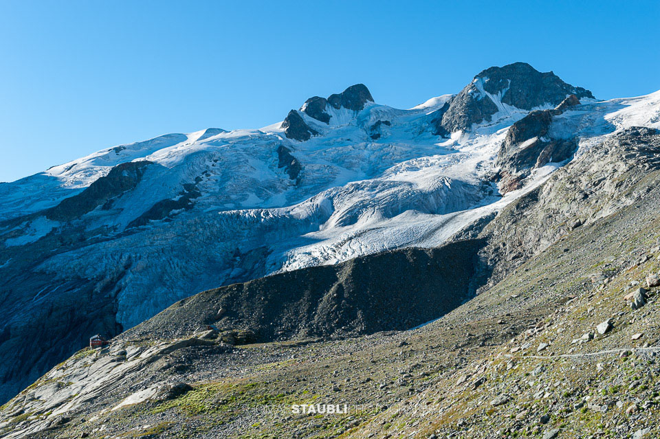 der Roseggletscher und die Coazhütte im Morgenlicht