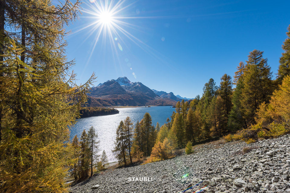 Blick auf den glitzernd schimmernden Silsersee