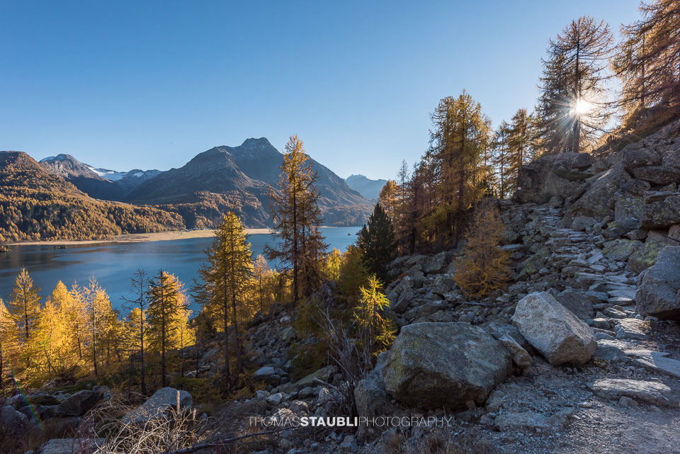 Blick von der Via Engiadina über den Silsersee