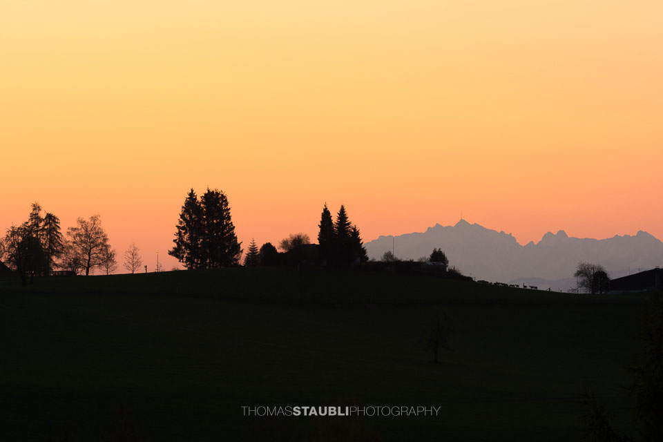 Häuser und Bäume als Sihlouette im Gegenlicht