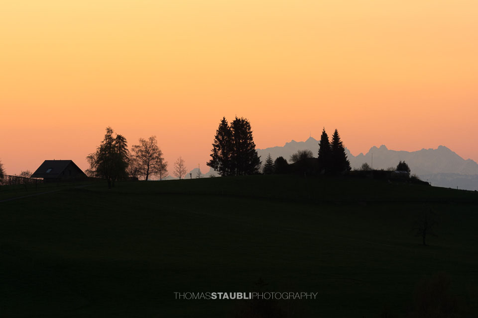 Häuser und Bäume als Sihlouette im Gegenlicht