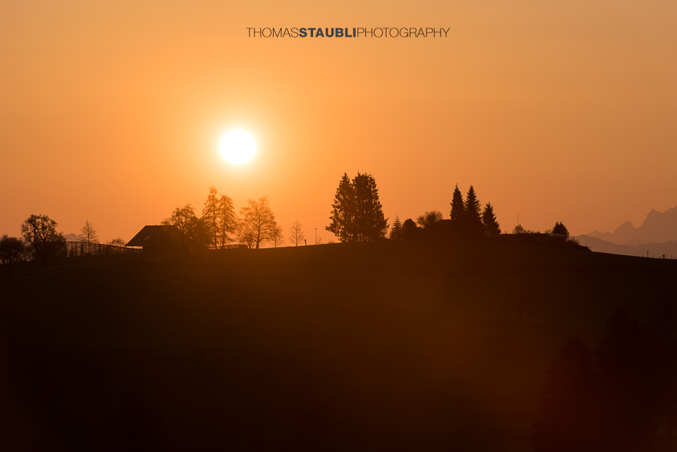 Häuser und Bäume als Sihlouette im Gegenlicht