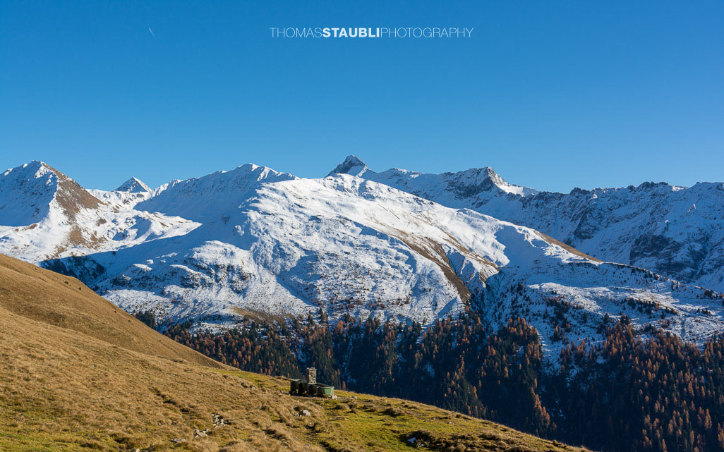 Blick Richtung Piz Fregslas, Piz Blaisun, Tschimas Da Tisch, Piz Üertsch und Piz Zavretta