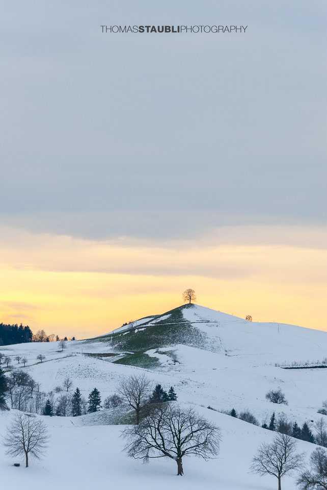 Abendstimmung über den verschneiten Hügeln von Menzingen