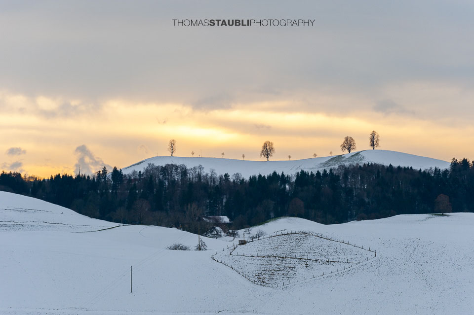 Abendstimmung über den verschneiten Hügeln von Menzingen