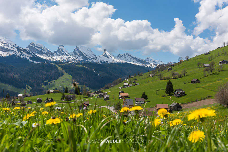 Wolkenband über den noch schneebedeckten Churfirsten