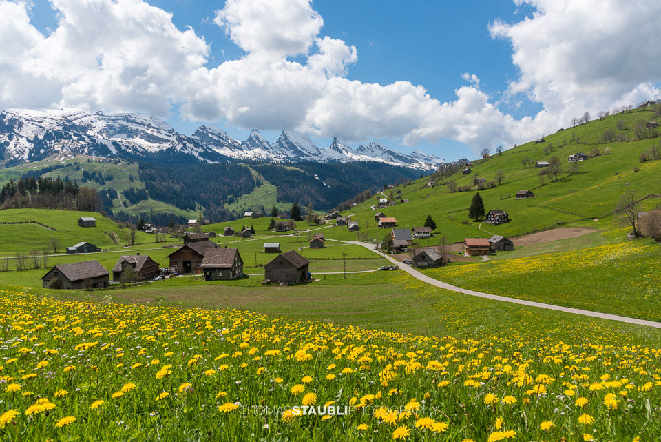 Wolkenband über den noch schneebedeckten Churfirsten