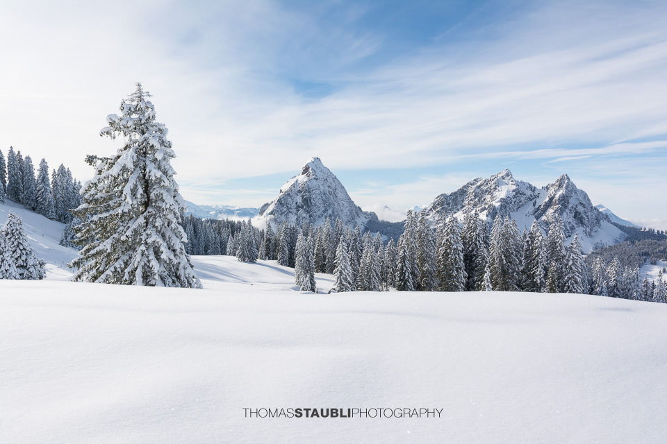Blick von der Furggelen Richtung Gross Mythen, Klein Mythen und Haggenspitz