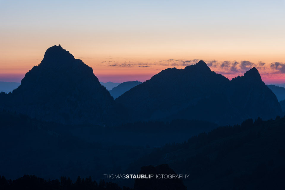 Grosser Mythen, Klein Mythen und Haggenspitz im Abendrot