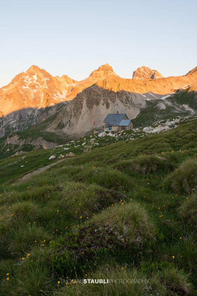 die Adulaalpen mit Teurihorn, Seilerhorn und Alperschällihorn in der Morgensonne