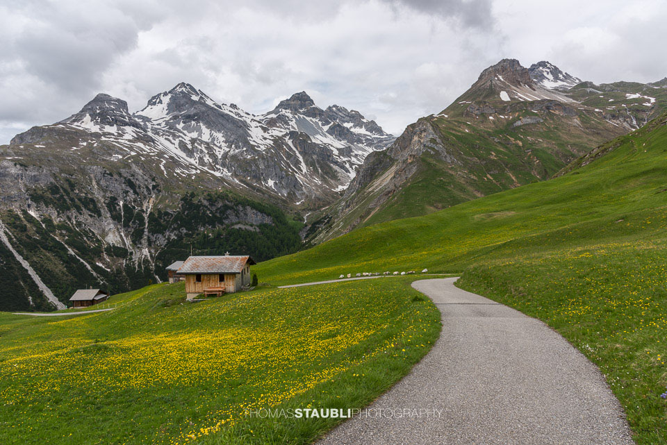Alphütten vor Rundhorn, Teurihorn, Steilerhorn, Alperschällihorn, Versangga und Cufercalhorn