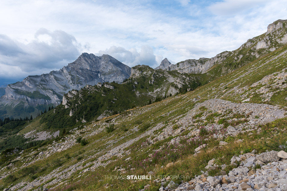 Blick vom Braunwald Panoramaweg Richtung Ortstock und Höch Turm
