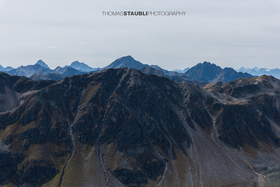 Blick zum Tinzenhorn, Piz Mitgel, Älplihorn und Leidbachhorn
