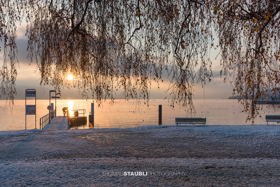 winterlicher Sonnenaufgang über dem Hafen Wollishofen