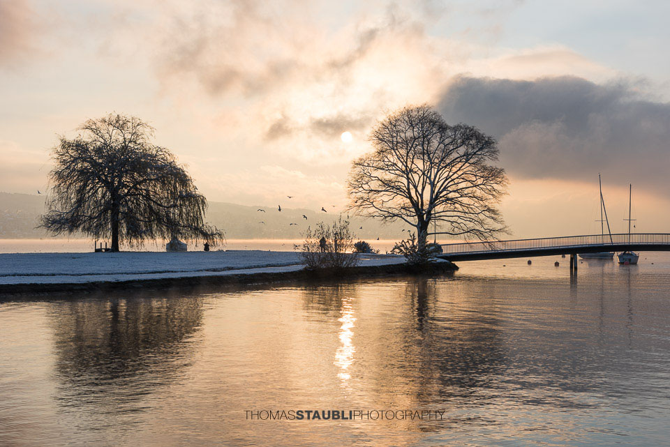 winterlicher Sonnenaufgang über der verschneiten Saffa-Insel
