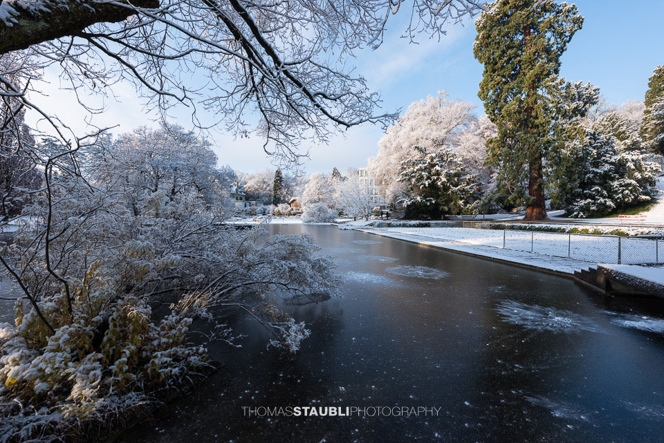 verschneite Landschaft im Belvoirpark
