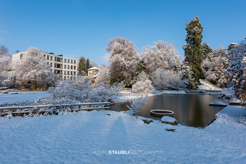 die Hotelfachschule Zürich im verschneiten Belvoirpark