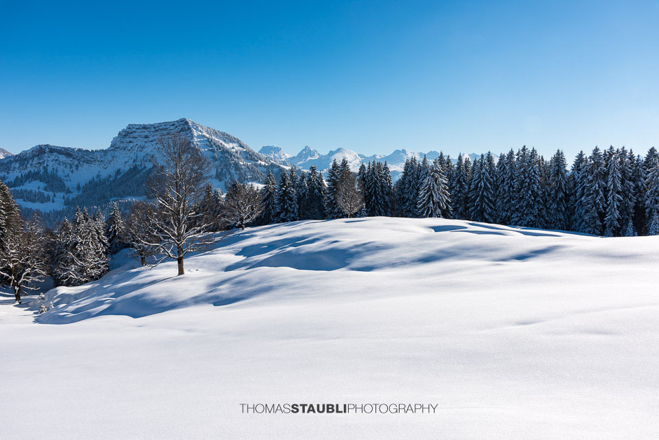 verschneite Vorder Chlosteralp mit Blick zu den Churfirsten