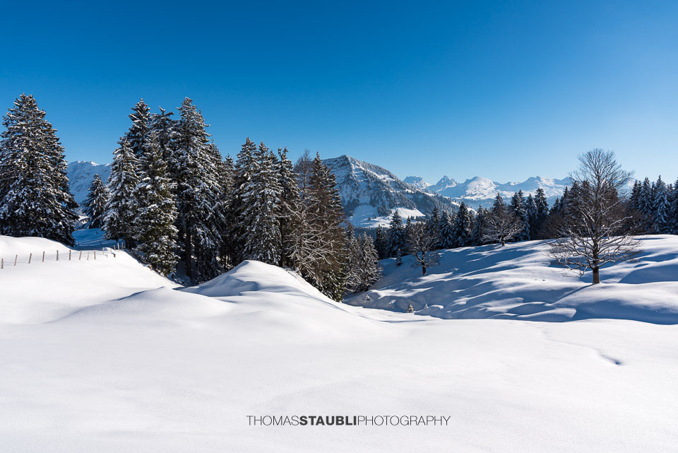 verschneite Vorder Chlosteralp mit Blick zu den Churfirsten