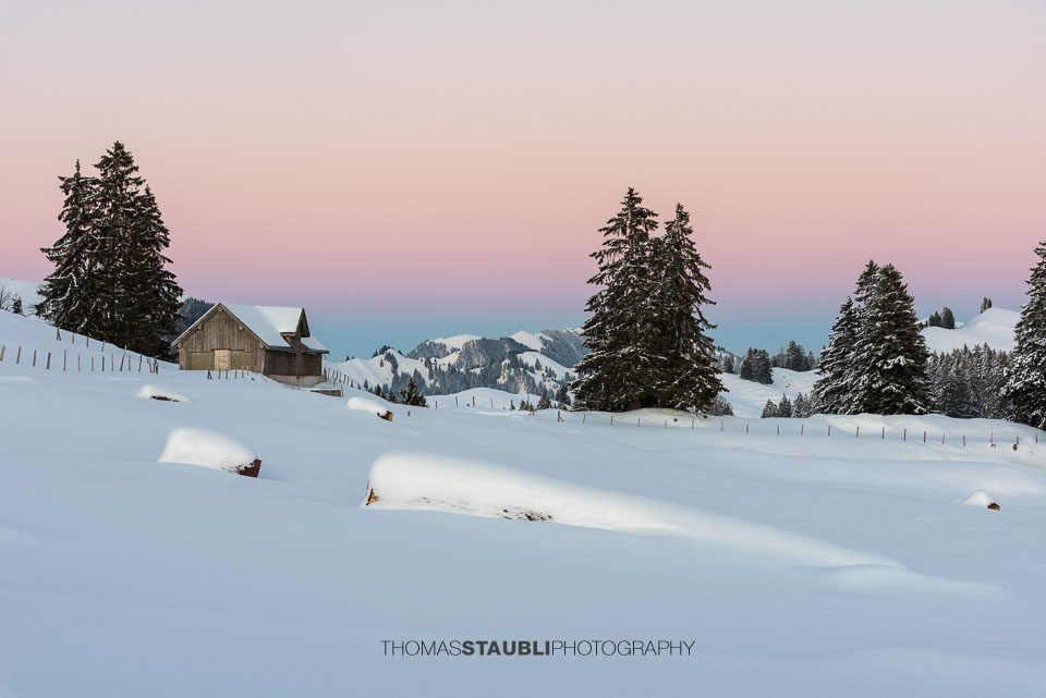 Winterliche Abendstimmung auf der Vorder Chlosteralp