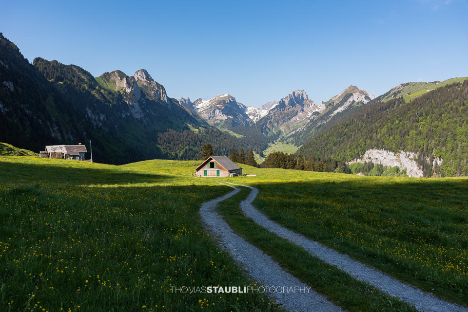 die ersten Sonnenstrahlen auf der Alp Soll im Alpstein