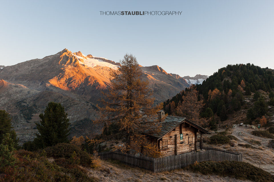 Herbststimmung auf der Riederfurka mit Blick zum Grossen Fusshorn, Drietschgletscher und Geissgrat