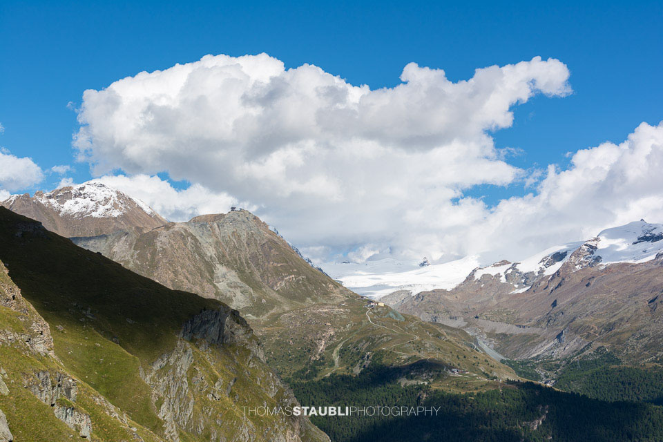 Blick vom Berggasthaus Trift Richtung Unterrothorn und Sunnegga