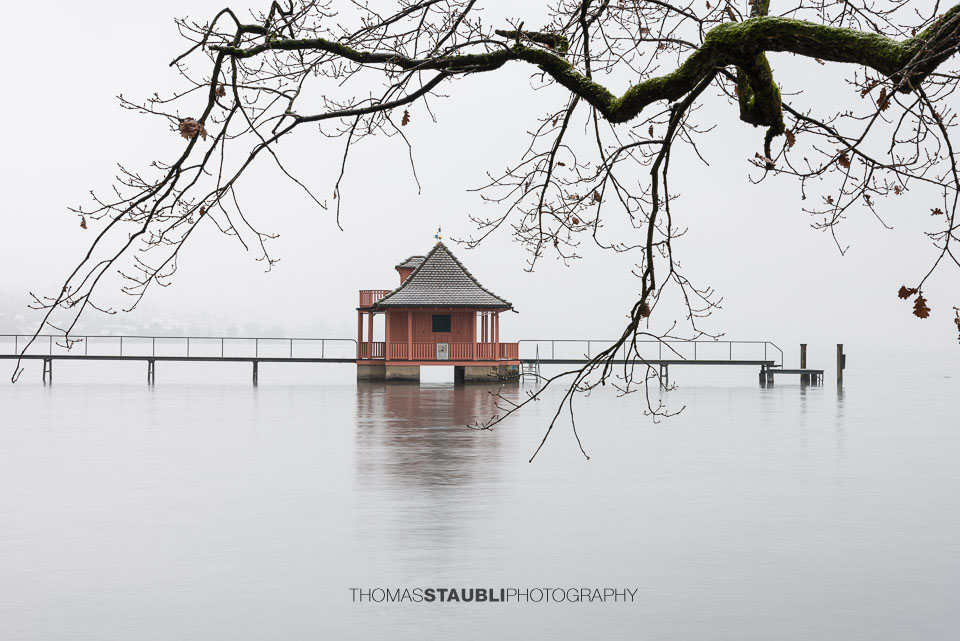 nebliger Novembertag beim Badehaus auf der Halbinsel Au am Zürichsee