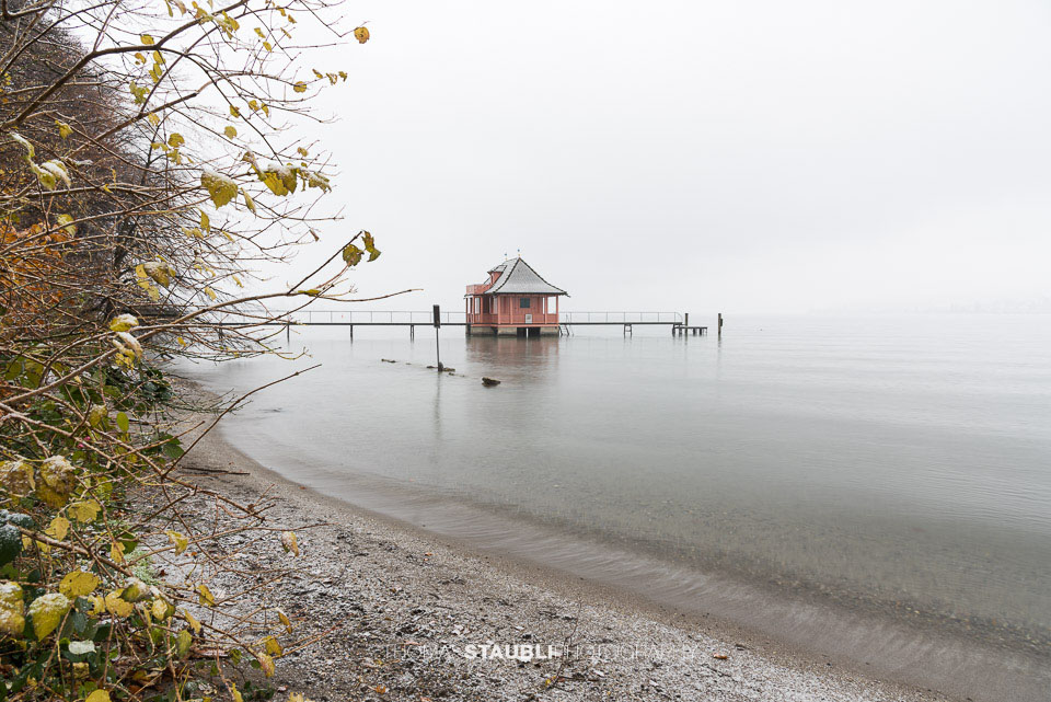 nebliger Novembertag beim Badehaus auf der Halbinsel Au am Zürichsee