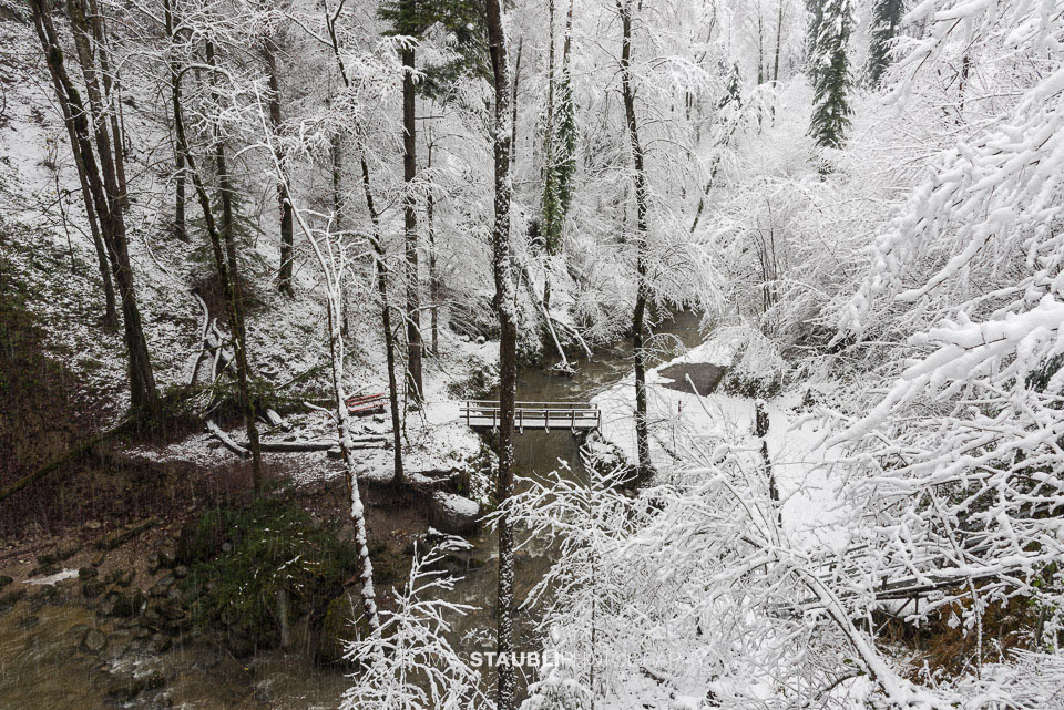 verschneite Winterlandschaft im Aabachtobel