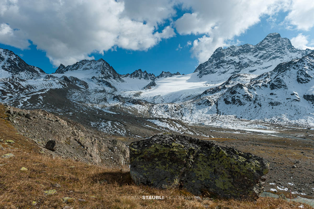 Blick zum Piz Val Müra, Porchabellagletscher und Piz Kesch