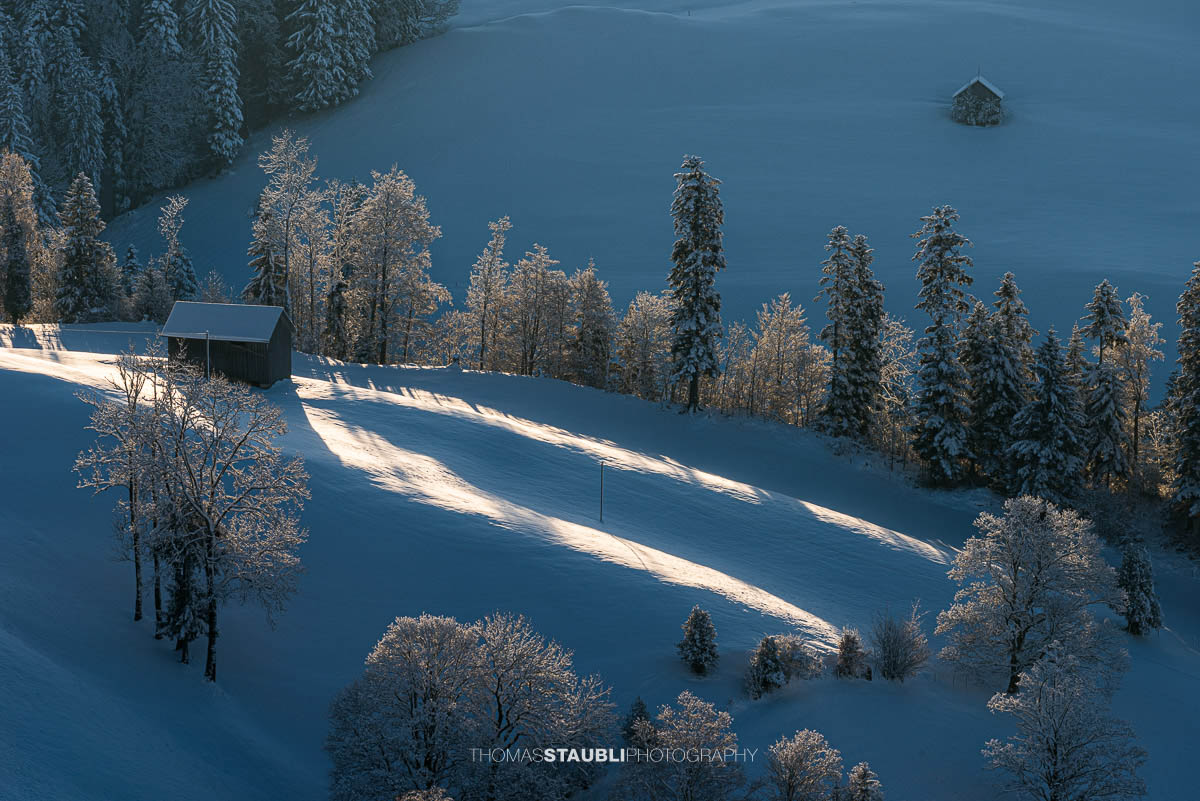 Verschneite Hügel mit einer Hütte und frostbedeckten Bäumen, beleuchtet von Sonnenstrahlen an einem Wintermorgen.