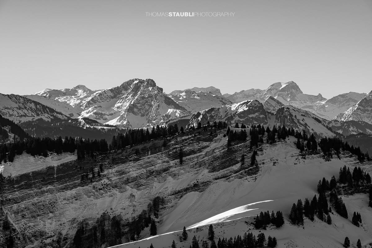 Blick von der Hochalp im Appenzellerland Richtung Mürtschenstock, Bifertenstock, Tödi u.a.