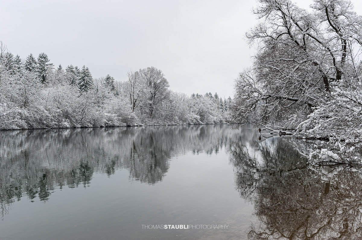 Winterlandschaft an der Reuss mit schneebedeckten Bäumen und Spiegelung im ruhigen Wasser.