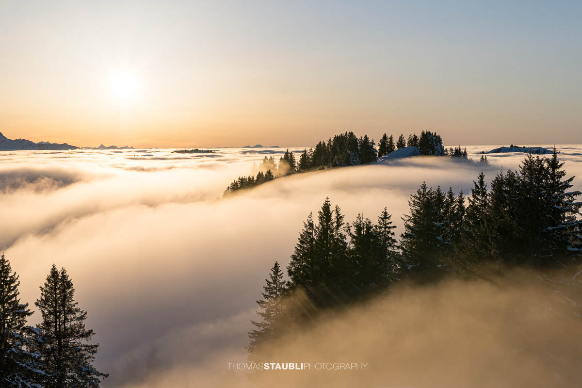 Sonnenuntergang über einem Nebelmeer mit bewaldeten Hügeln, warmem Licht und mystischer Stimmung