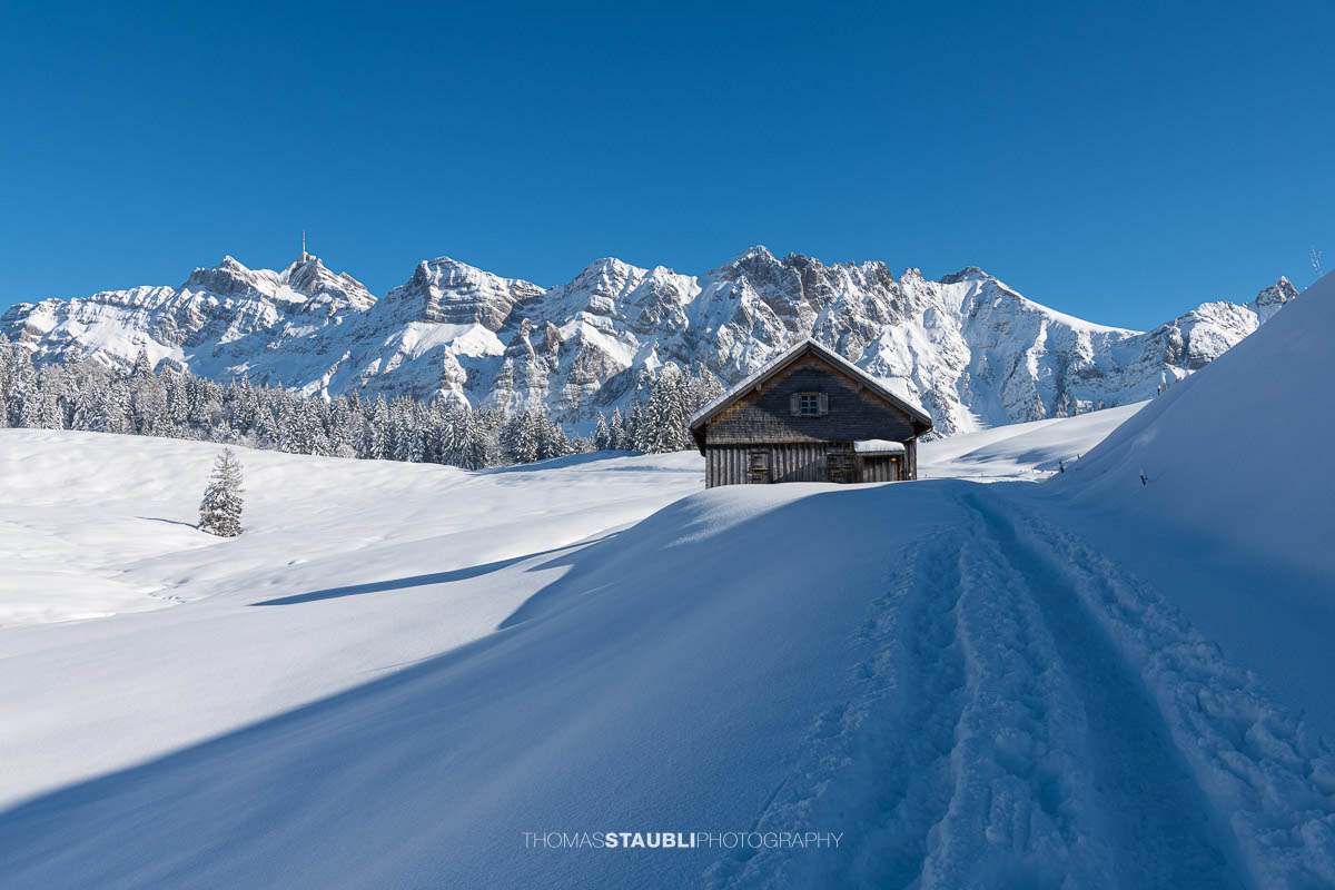 Winterliche Berghütte mit Säntis im Hintergrund unter strahlend blauem Himmel
