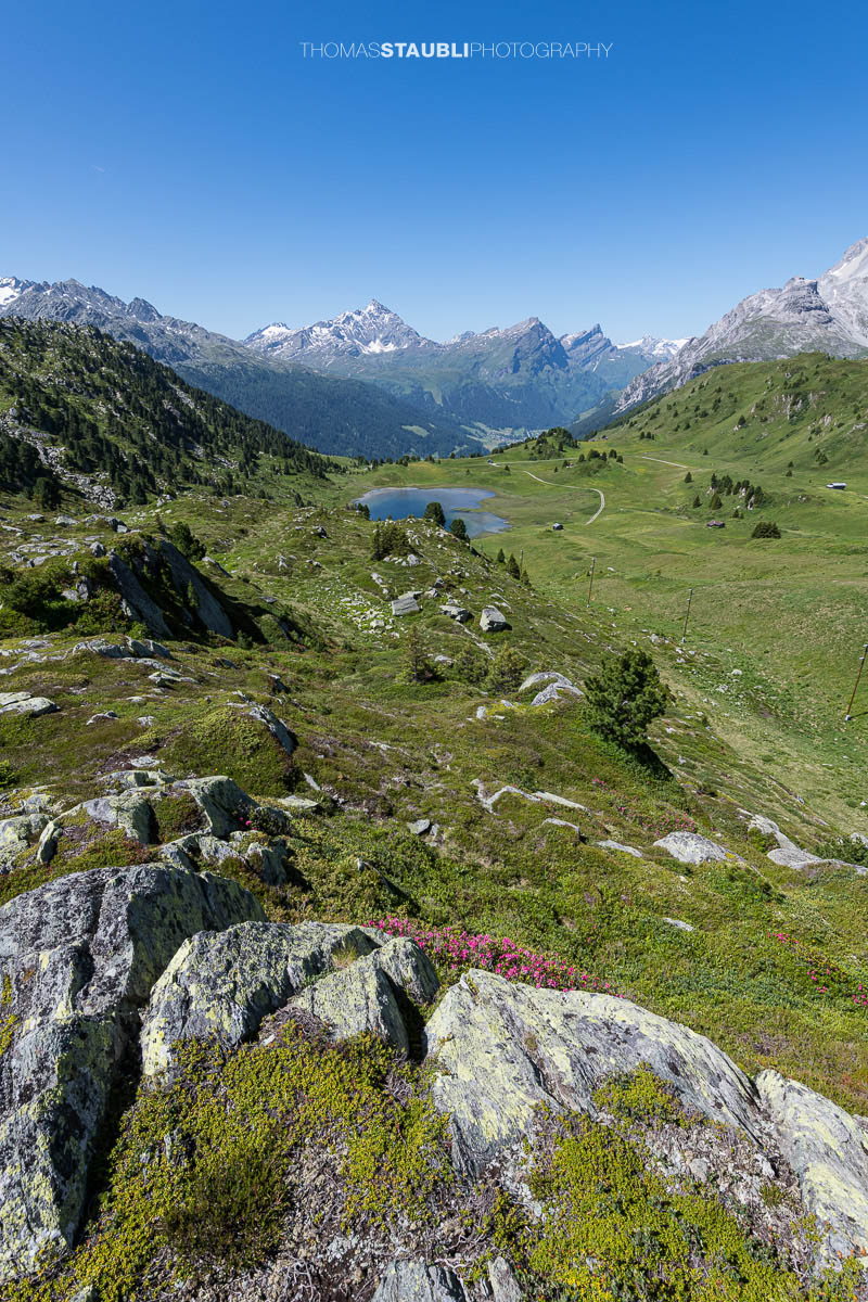 Blick auf den Lai da Vons unter wolkenlosem Himmel mit Sicht auf Pizzo Tambo, Guggernüll und Teurihorn