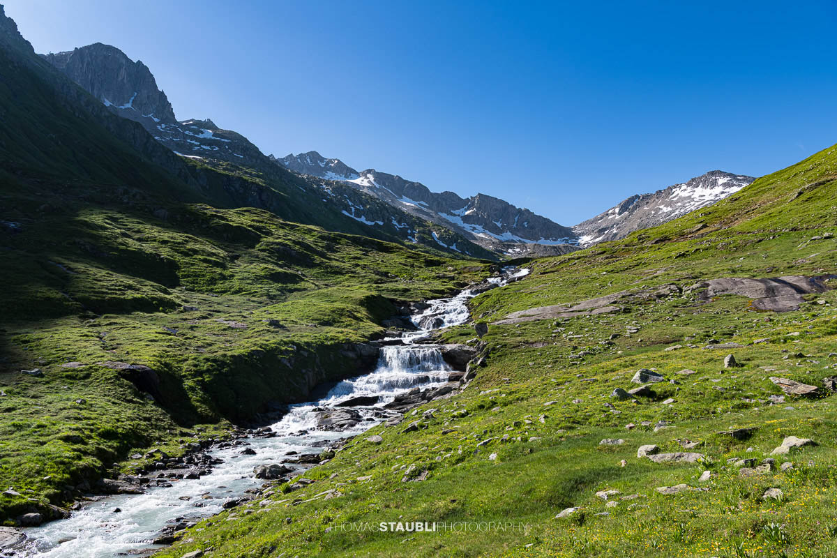 Die Witenwasserenreuss rauscht über Felsstufen durch das grüne Witenwasserental im Kanton Uri.