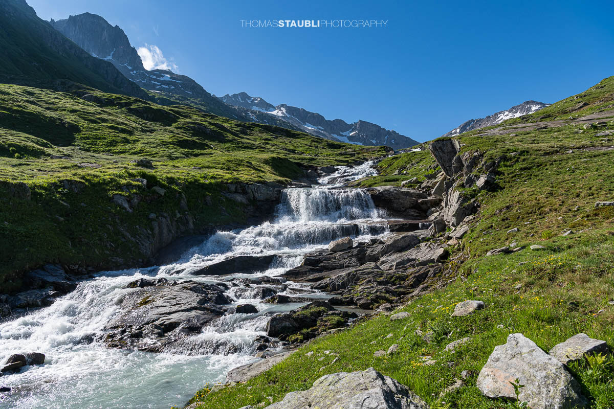 Die Witenwasserenreuss rauscht über Felsstufen durch das grüne Witenwasserental im Kanton Uri.