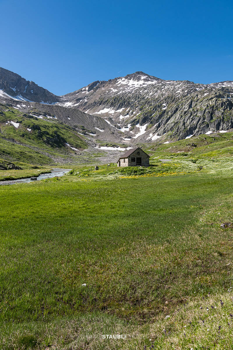 Eine einfache Alphütte steht am Ufer der Witenwasserenreuss im oberen Witenwasserental, umgeben von grünen Wiesen, Wildblumen und den schroffen Hängen der Urner Alpen.