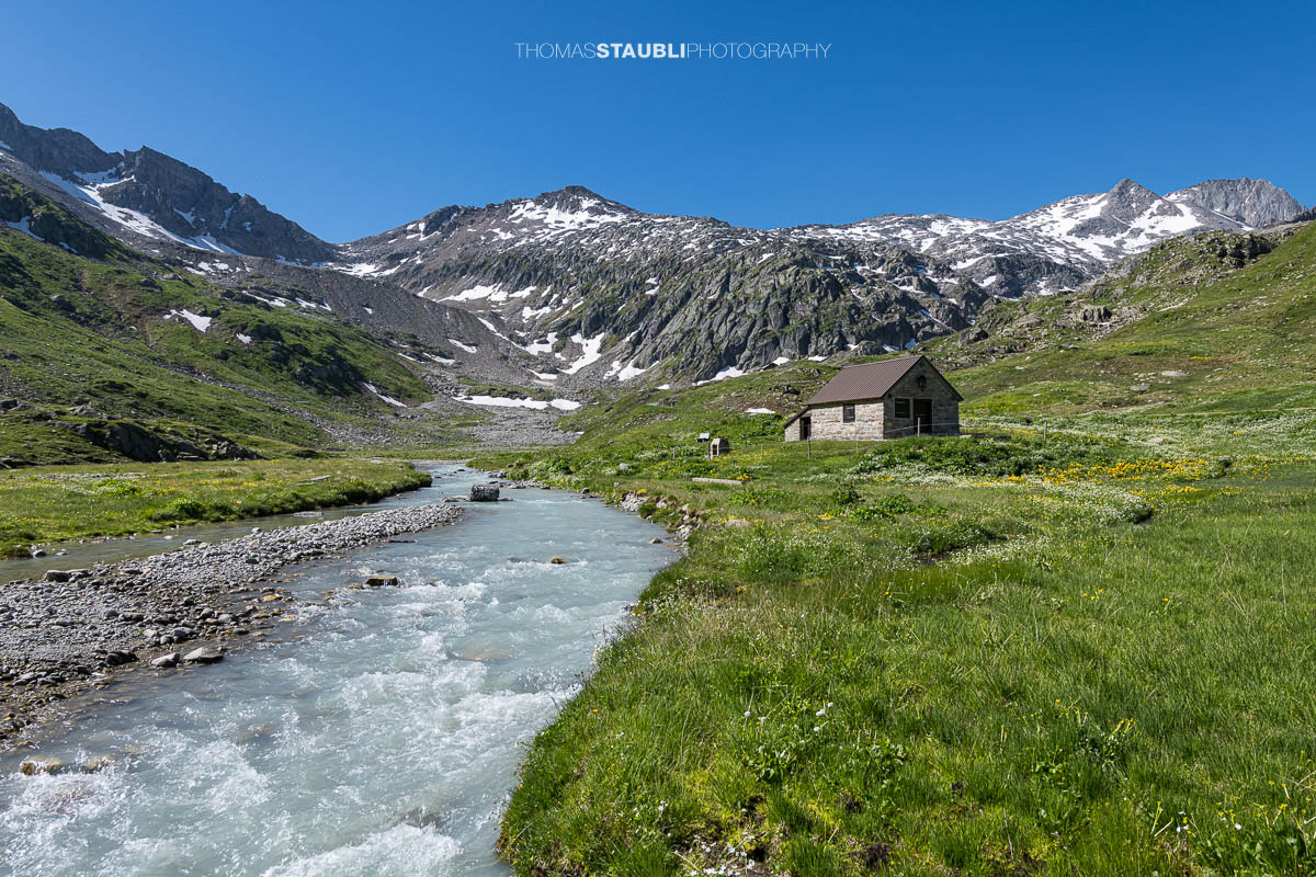 Eine einfache Alphütte steht am Ufer der Witenwasserenreuss im oberen Witenwasserental, umgeben von grünen Wiesen, Wildblumen und den schroffen Hängen der Urner Alpen.
