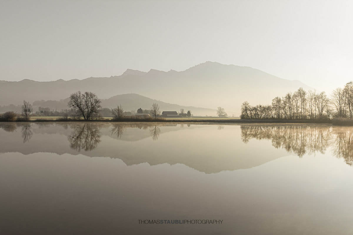 Ruhige Wasserfläche des Laichsees im Kanton Schwyz mit Spiegelung von Bäumen und Feldern, dahinter die sanften Umrisse der Berge im Dunst des frühen Morgens.