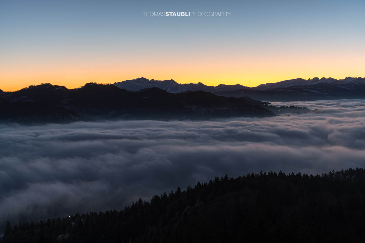 Blick vom Bachtel bei Hinwil in der Morgendämmerung gegen Osten, mit ausgedehntem Nebelmeer über der Ostschweiz und dunklen Hügelzügen im Vordergrund.