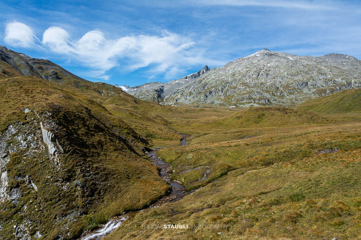 Weite Moor- und Graslandschaft der Alpe di Motterascio auf der Greina-Hochebene mit kleinen Wasserläufen, Tümpeln und umliegenden Bergzügen im Tessin.