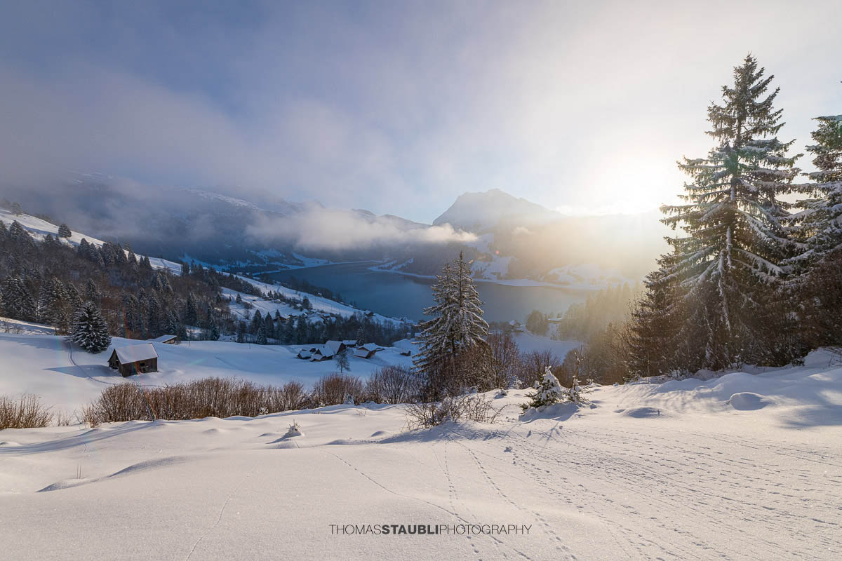 Verschneite Hügellandschaft oberhalb des Wägitalersees, im Hintergrund der Fluebrig teilweise im Nebel, Winterstimmung im Wägital, Kanton Schwyz.