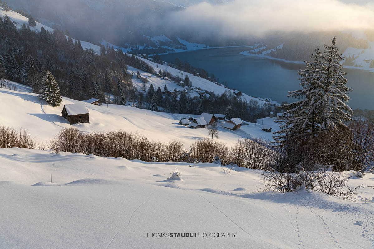 verschneite Landschaft mit Blick auf den Wägitalersee
