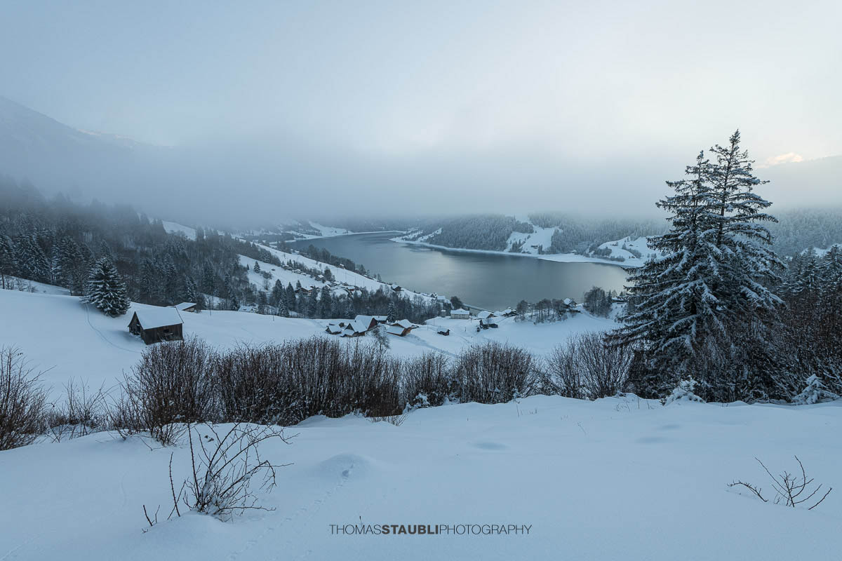 verschneite Landschaft mit Blick auf den Wägitalersee