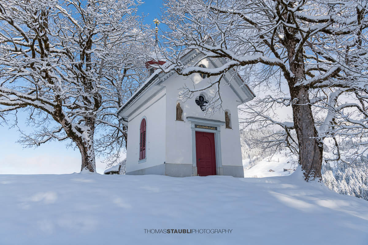 Kleine Kapelle St. Anna im Gründel, umgeben von schneebedeckten Wiesen und alten Bäumen, mit roter Eingangstür in ruhiger Winterlandschaft.